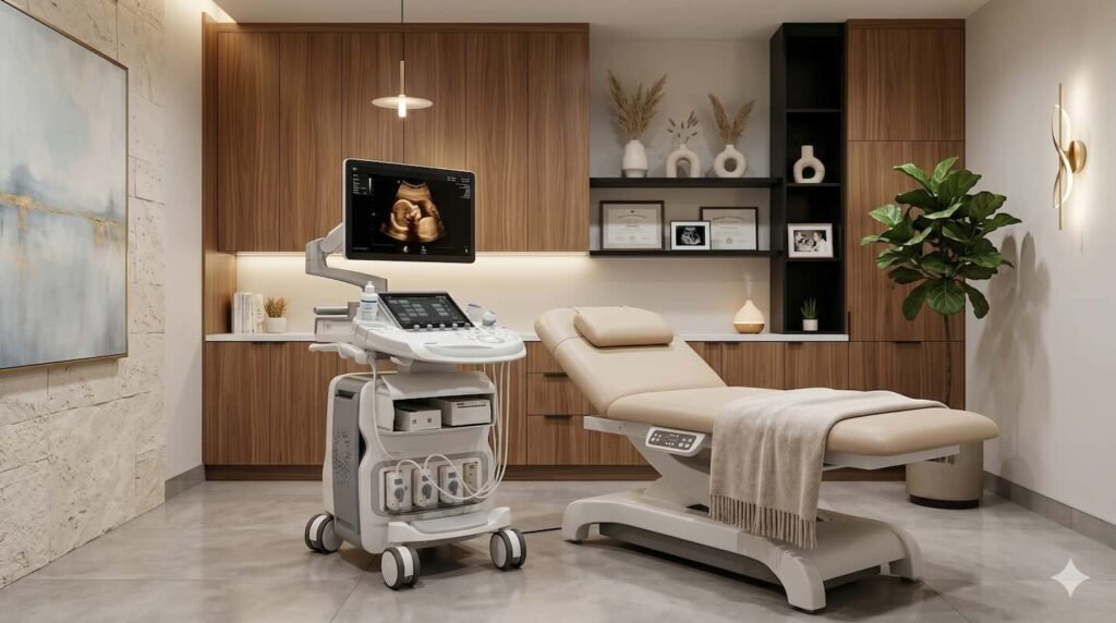 A modern ultrasound machine with a large high-definition monitor in a comfortable, private exam room at a Los Angeles ultrasound center.