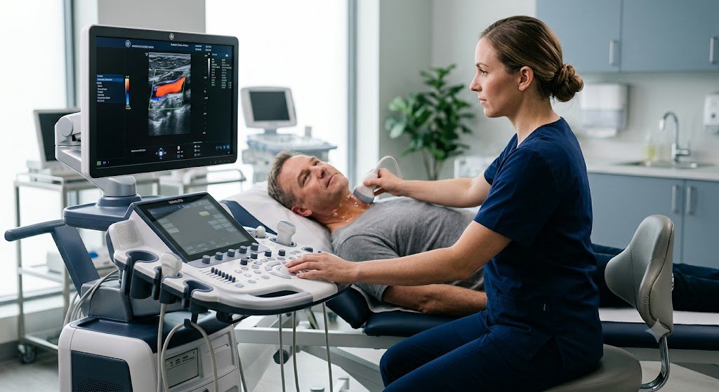 A certified vascular technologist performing a non-invasive carotid ultrasound scan on a patient’s neck inside a modern, high-end Beverly Hills medical clinic. The ultrasound monitor displays a real-time, color Doppler image of blood flowing through the carotid artery.