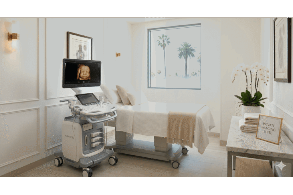 A bright, upscale private scanning suite at the best ultrasound center in Santa Monica, showcasing a modern 3D and 4D ultrasound machine with a high-definition monitor displaying a crisp baby scan, alongside a premium cushioned patient bed with white linens and elegant interior decor.