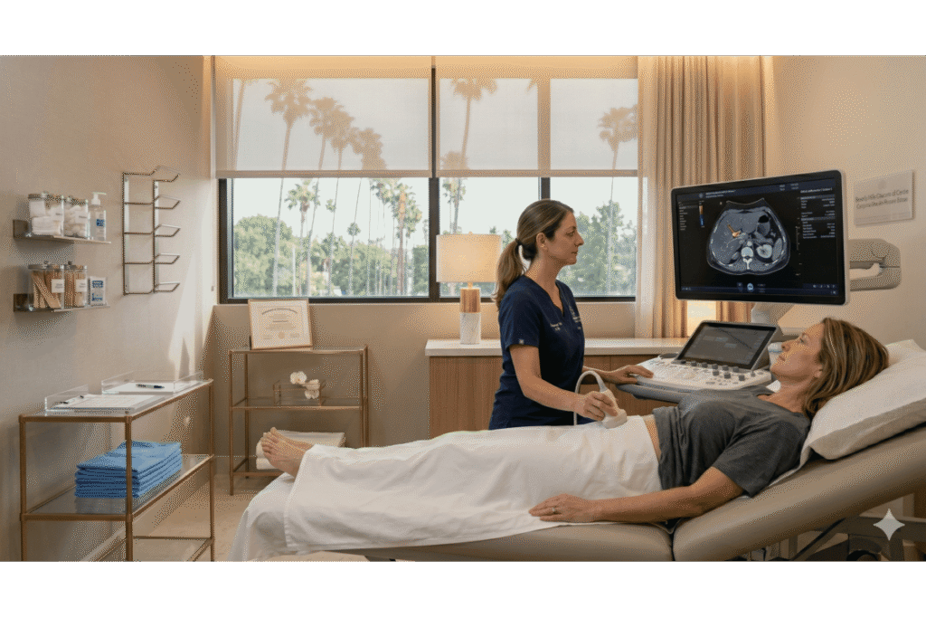 Patient undergoing an abdominal ultrasound scan at a medical clinic in Beverly Hills, with a clinician holding a handheld transducer on the patient’s abdomen while an ultrasound monitor displays internal organ imaging.