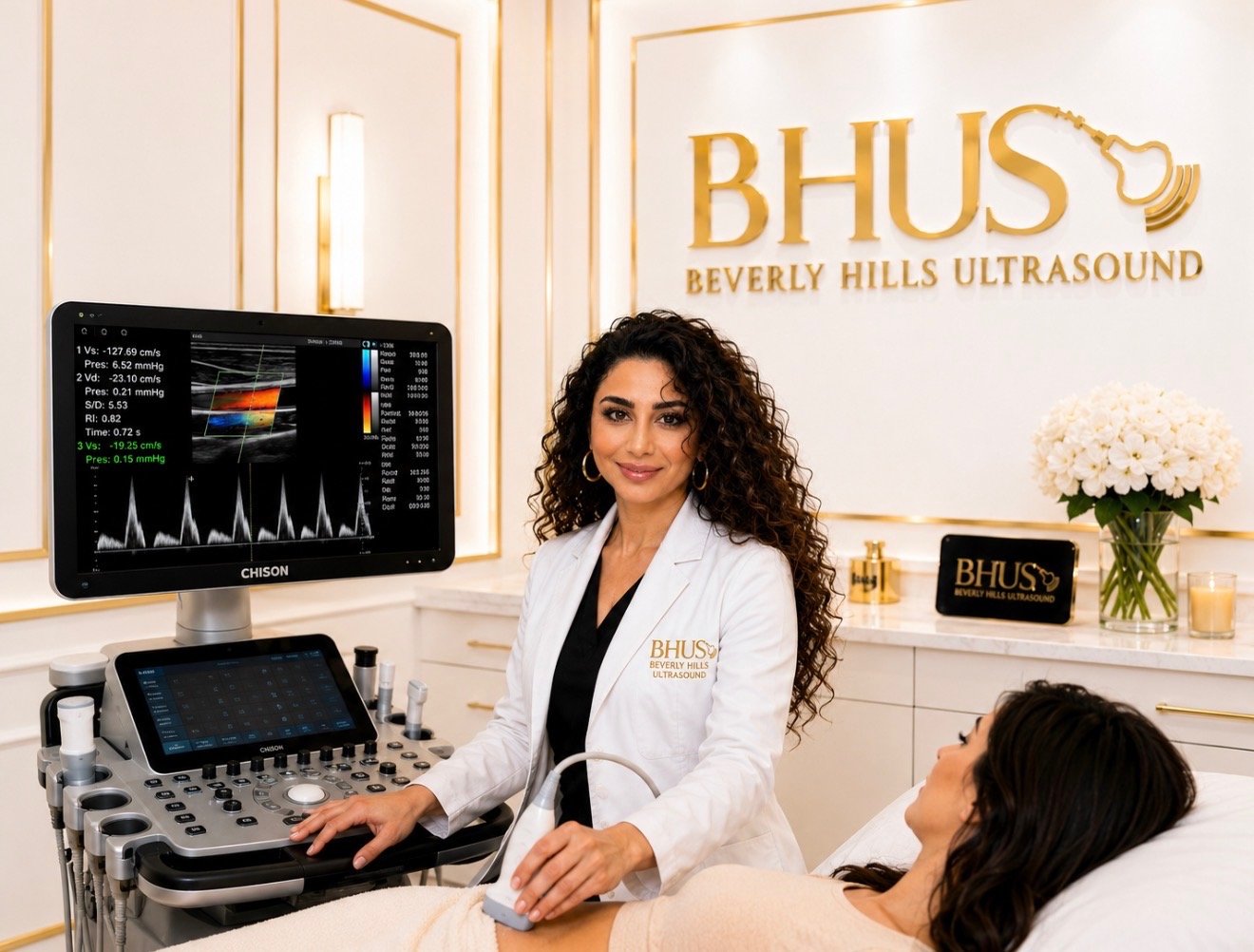 A high-tech medical ultrasound machine in a clean, modern examination room at a premier ultrasound in Beverly Hills.