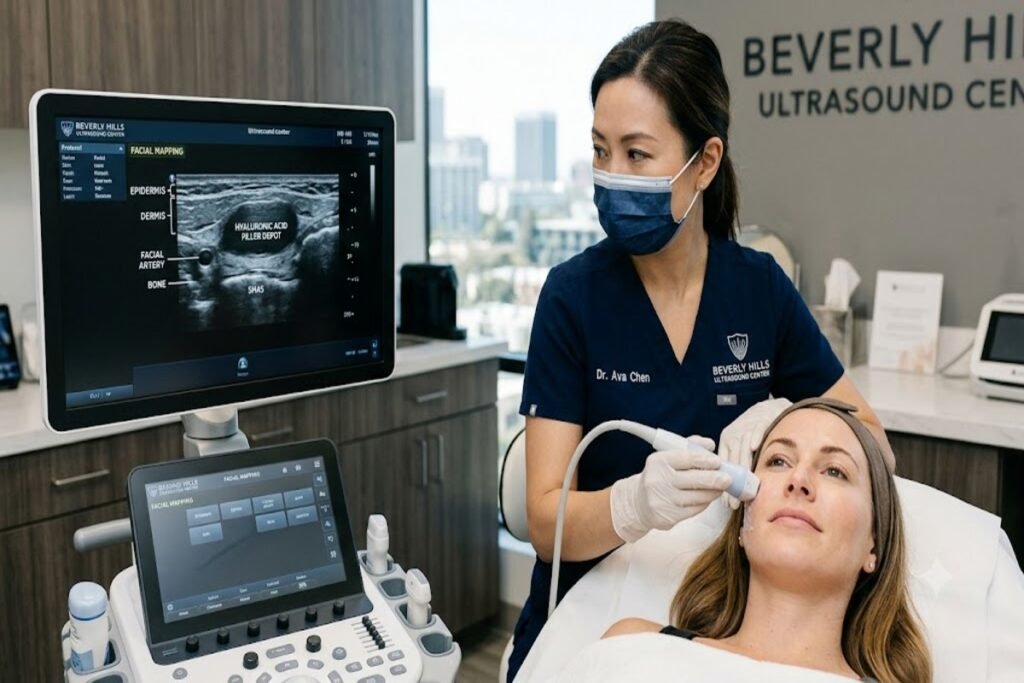 A female practitioner wearing a face mask and medical scrubs performs a facial filler ultrasound in LA on a female patient lying on an examination bed. The practitioner uses a high-frequency probe on the patient's cheek, while the large medical monitor in the foreground displays a detailed cross-sectional tissue map labeled with epidermis, dermis, facial artery, bone, and a highlighted hyaluronic acid filler depot.
