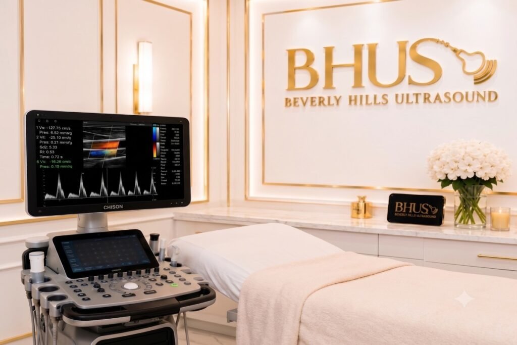 The state-of-the-art medical imaging suite at Beverly Hills Ultrasound Center, featuring a modern CHISON machine and luxury boutique design for premium ultrasound Los Angeles services.